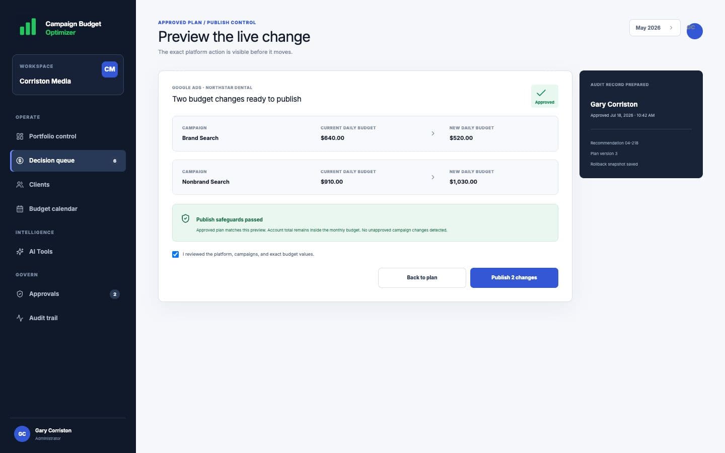 CBO publish safeguard preview showing exact Google Ads budget changes before publishing